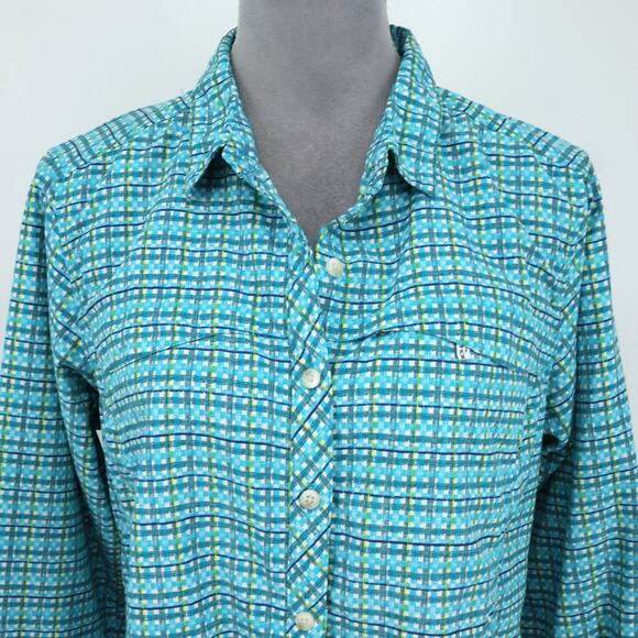 Exofficio Top Womens Large Blue White Plaid Blouse Long Sleeve Vents Pockets - Picture 8 of 16